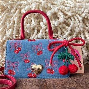 Betsy Johnson Cherry Embroidered Denim Handbag with bag charm NWT